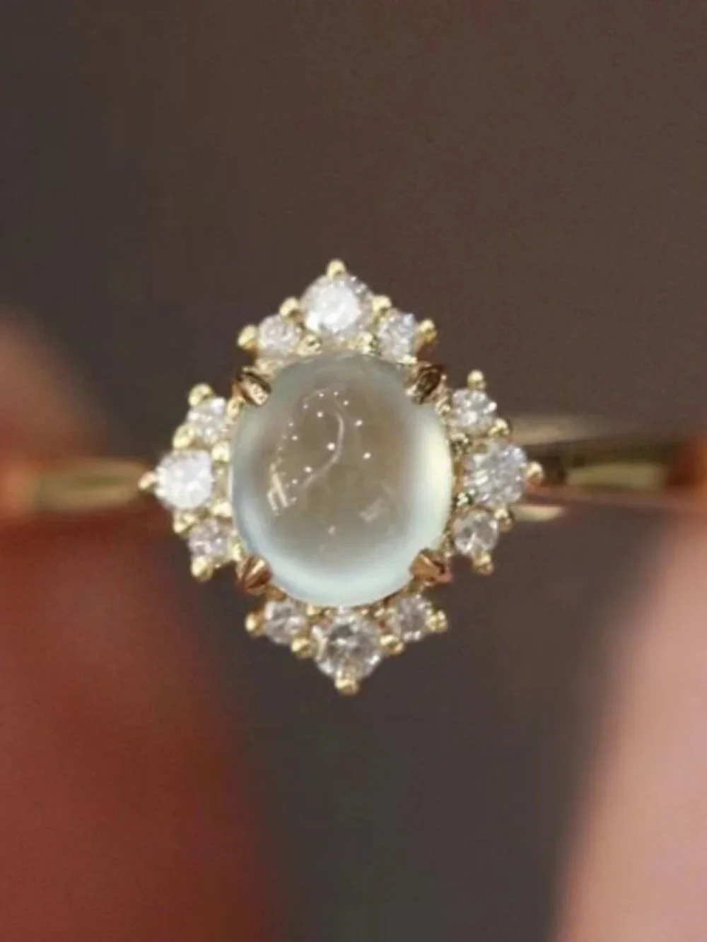 Adjustable Cat Eye Ring Gold Open Ring CZ Halo Statement Ring